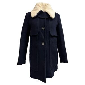 Claudie Pierlot Round Neck Sheared-Collar Coat in Navy Blue Wool